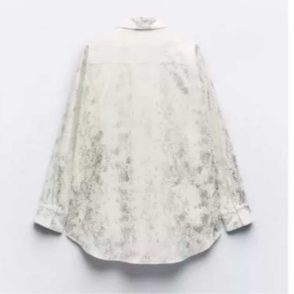 Zara Brushed Silver Metallic Foil White Cotton Button-Up Blouse | S | NWT - Picture 6 of 12